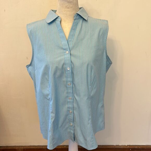 Talbots blue striped sleeveless wrinkle resistant blouse Size 16 P New - Picture 2 of 9